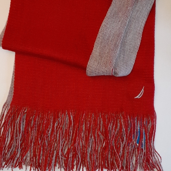 NAUTICA SCARF RED GRAY LIGHTWEIGHT LONG TASSELL 4 Season - Picture 3 of 3